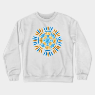 Bohemian Mandala Crochet Pattern - Boho Medallion - Ancient Ethnic Ornament Obereg - Folk Magic Shamanic Tribal Mood - Deep Cyan Blue Dark Sea Shade - Medium Ochre Orange Brown 2 Crewneck Sweatshirt